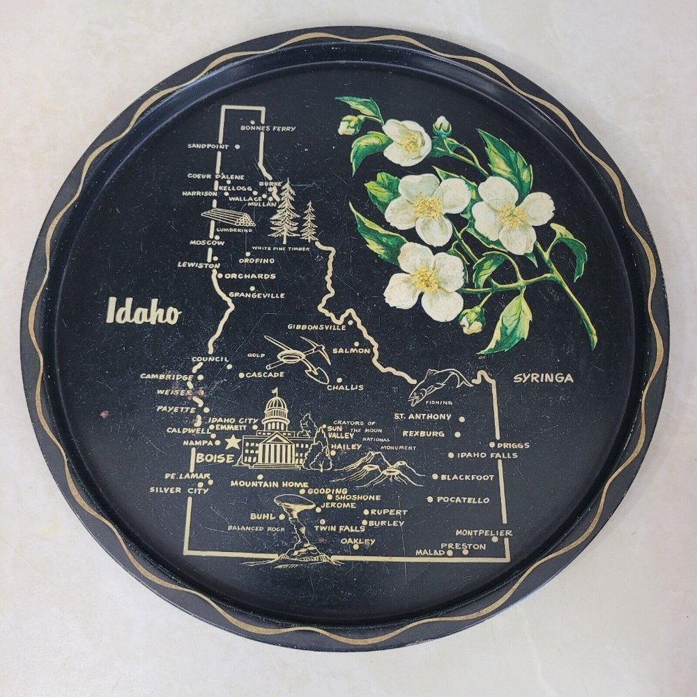 Vintage Idaho Metal Tin Souvenir Tray - Black & Gold 11" Diameter Collectable